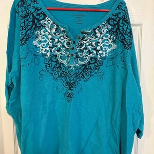 Catherines teal green tunic 3x 26-28 v-neck details 3/4 sleeves faux Henley cott